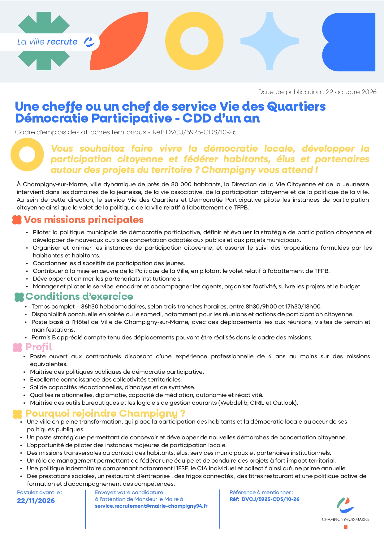 Une cheffe ou un chef de service Vie des Quartiers Démocratie Participative - CDD d’un an