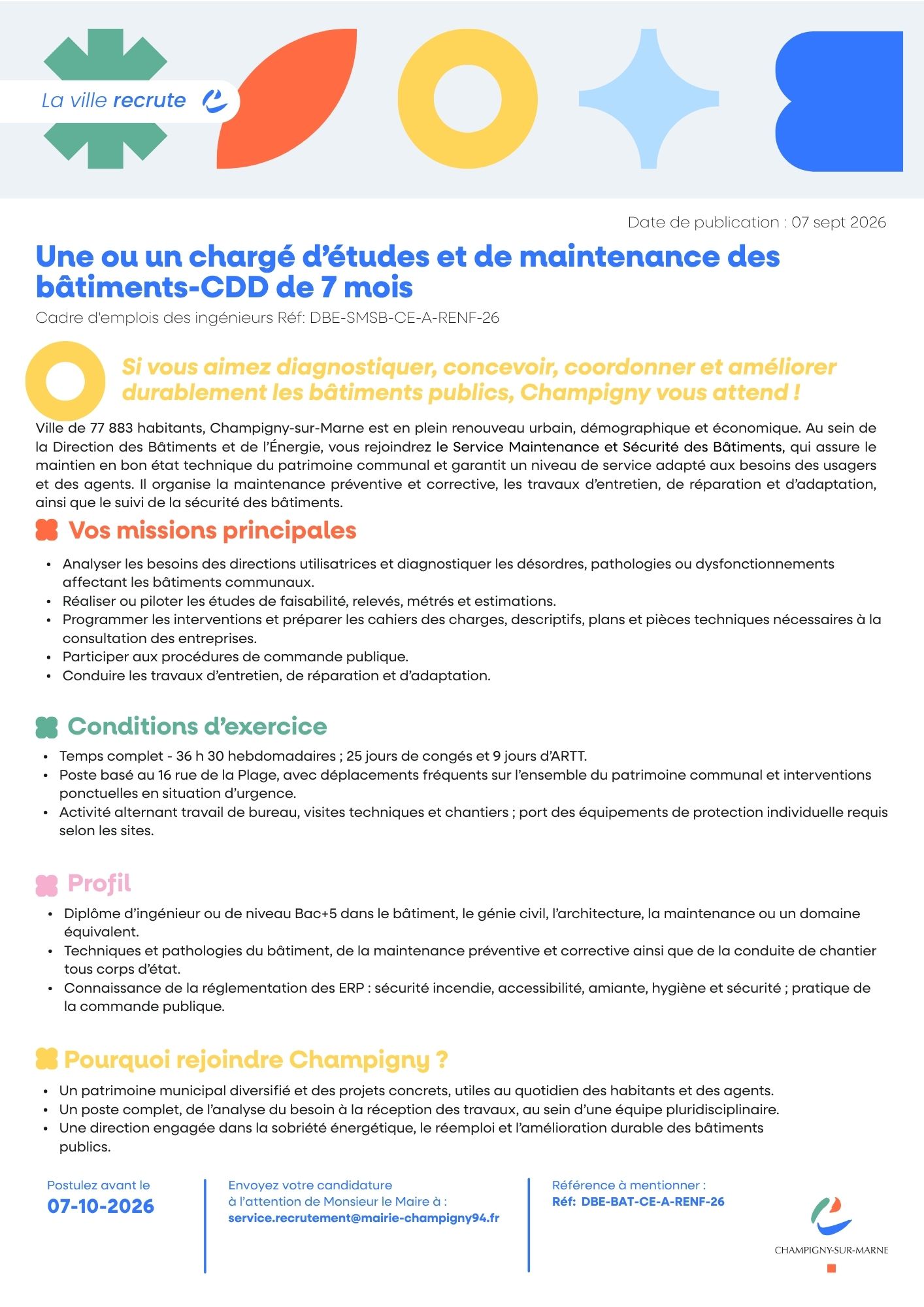 Une ou un chargé d’études et de maintenance des bâtiments-CDD de 7 mois