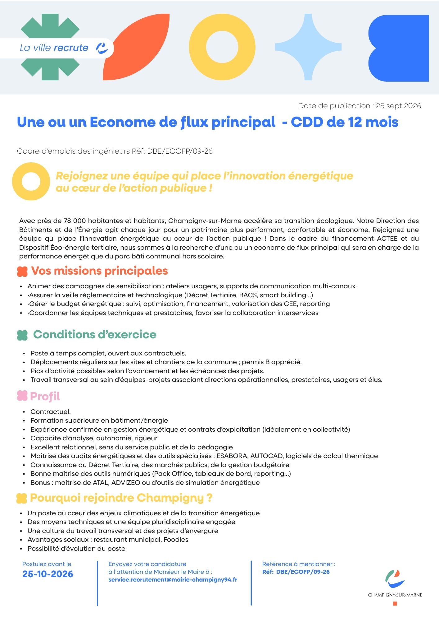 Une ou un Econome de flux principal - CDD de 12 mois