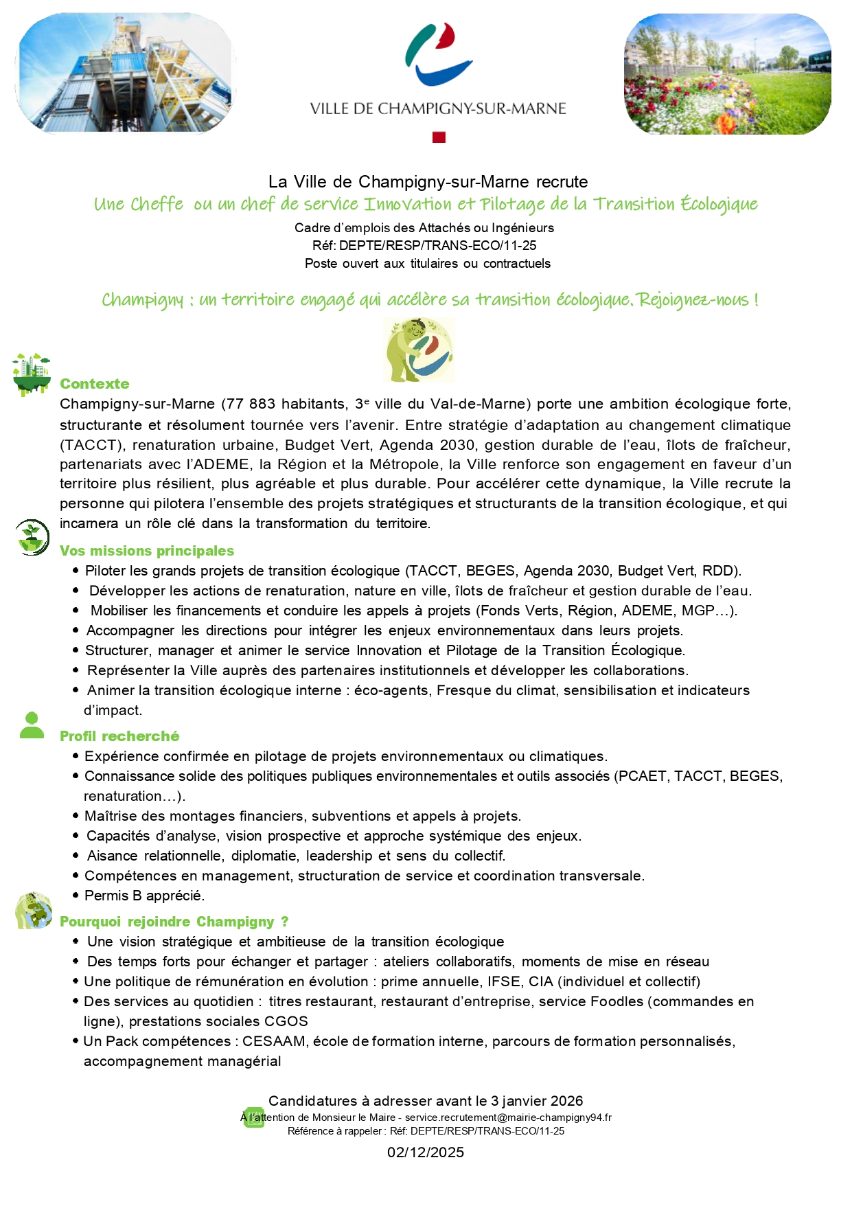 Une Cheffe ou un chef de service Innovation et Pilotage de la Transition Écologique