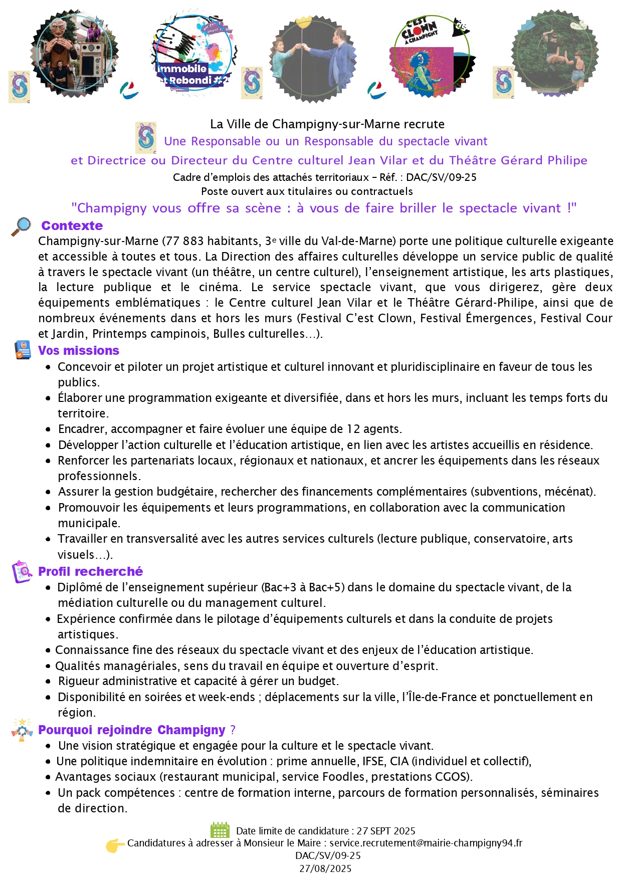 Une Responsable ou un Responsable du spectacle vivant et Directrice ou Directeur du Centre culturel Jean Vilar et du Théâtre Gérard Philipe
