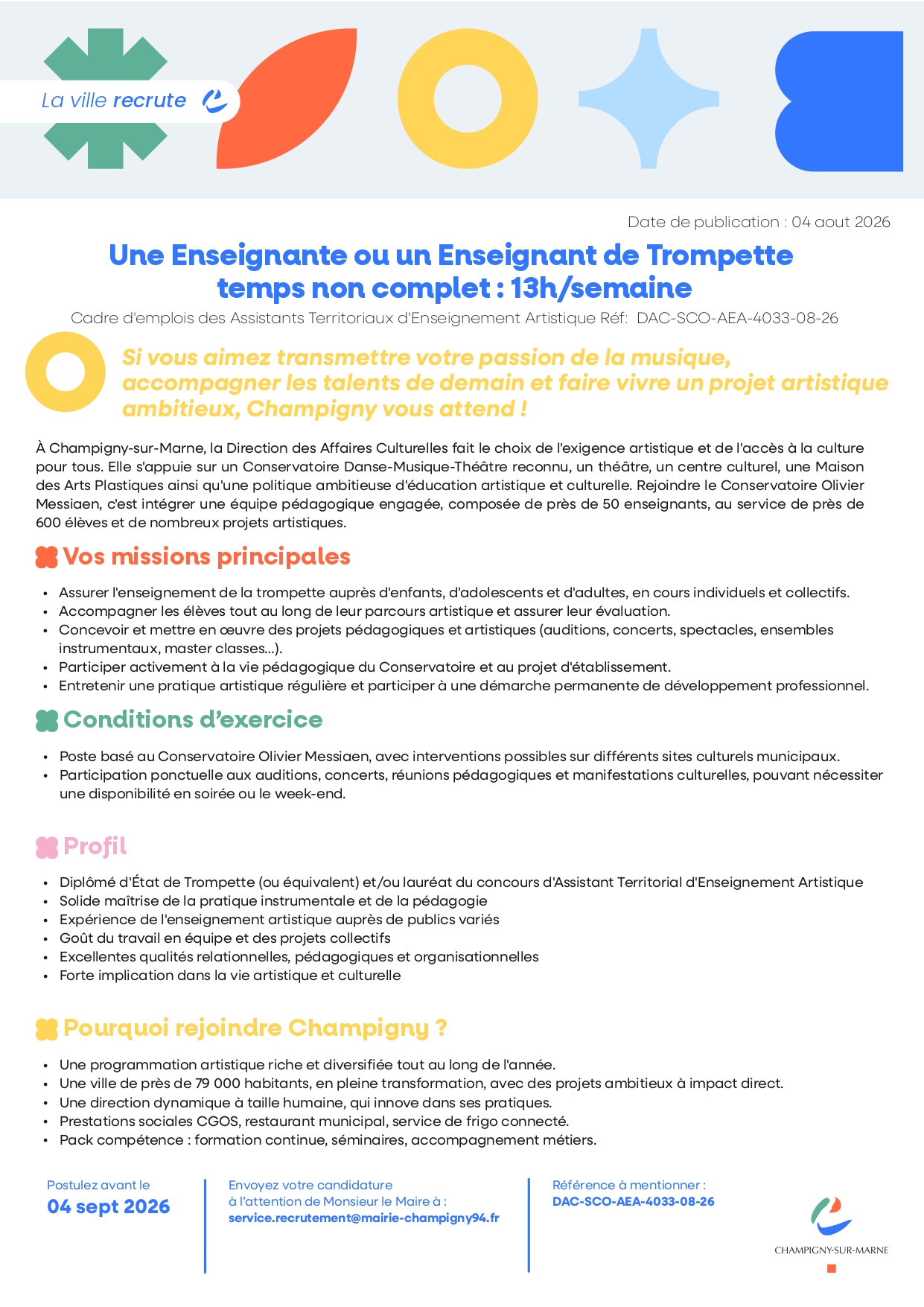 Une Enseignante ou un Enseignant de Trompette temps non complet : 13h/semaine