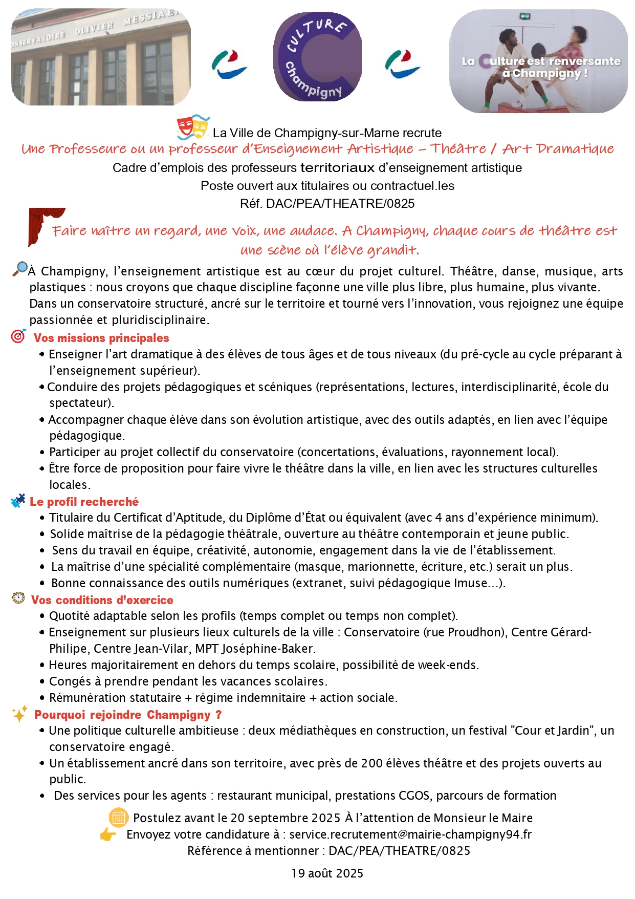 Une Professeure ou un professeur d’Enseignement Artistique – Théâtre / Art Dramatique 