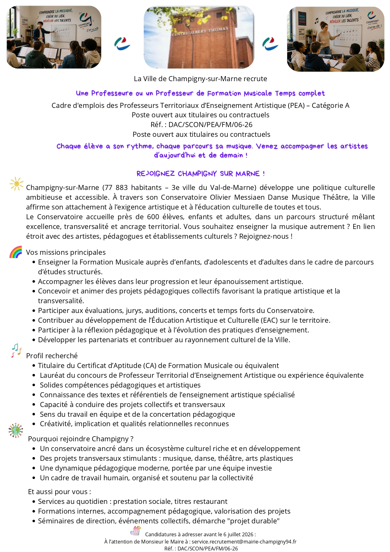Une Professeure ou un Professeur de Formation Musicale Temps complet