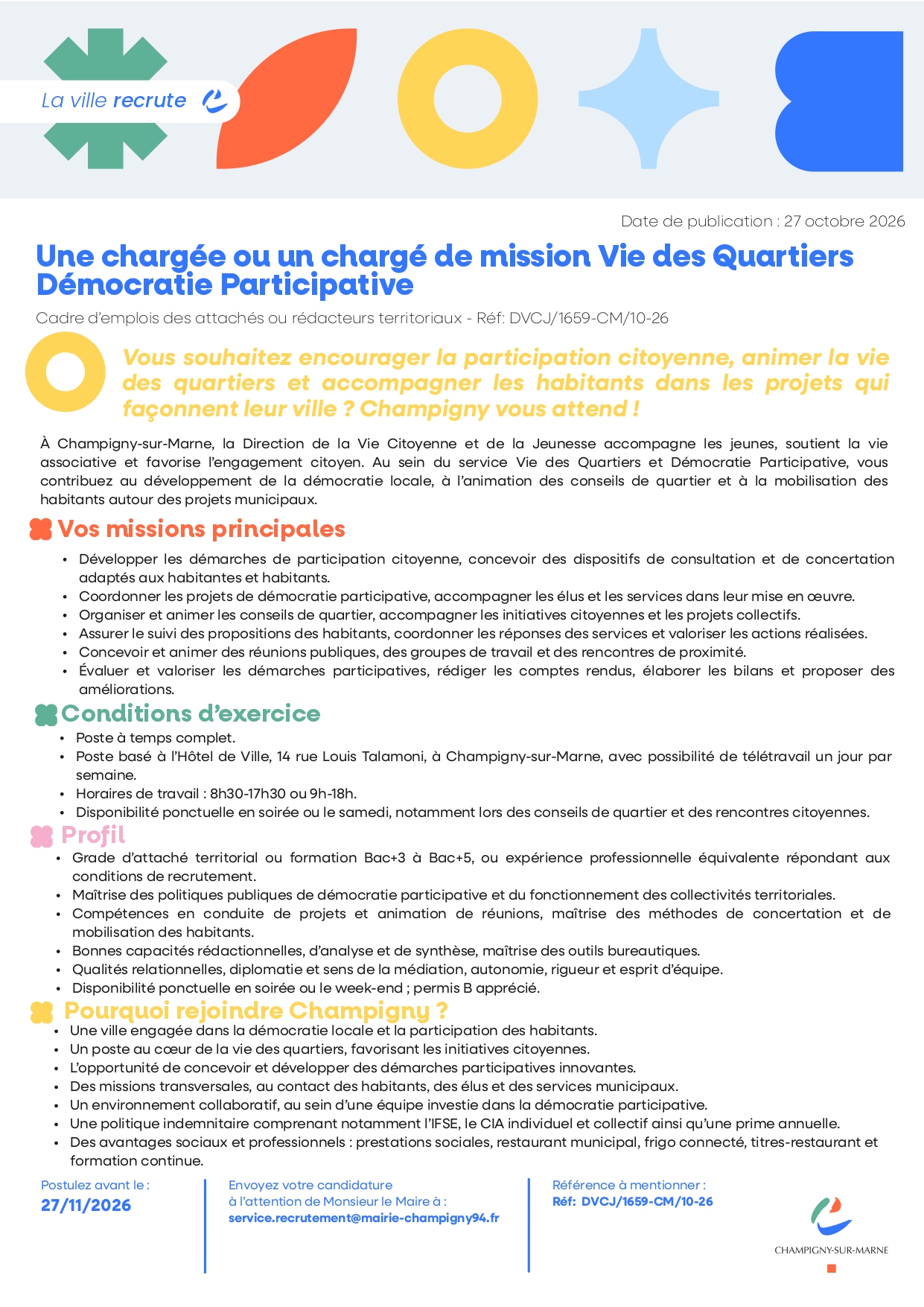 Une chargée ou un chargé de mission Vie des Quartiers Démocratie Participative