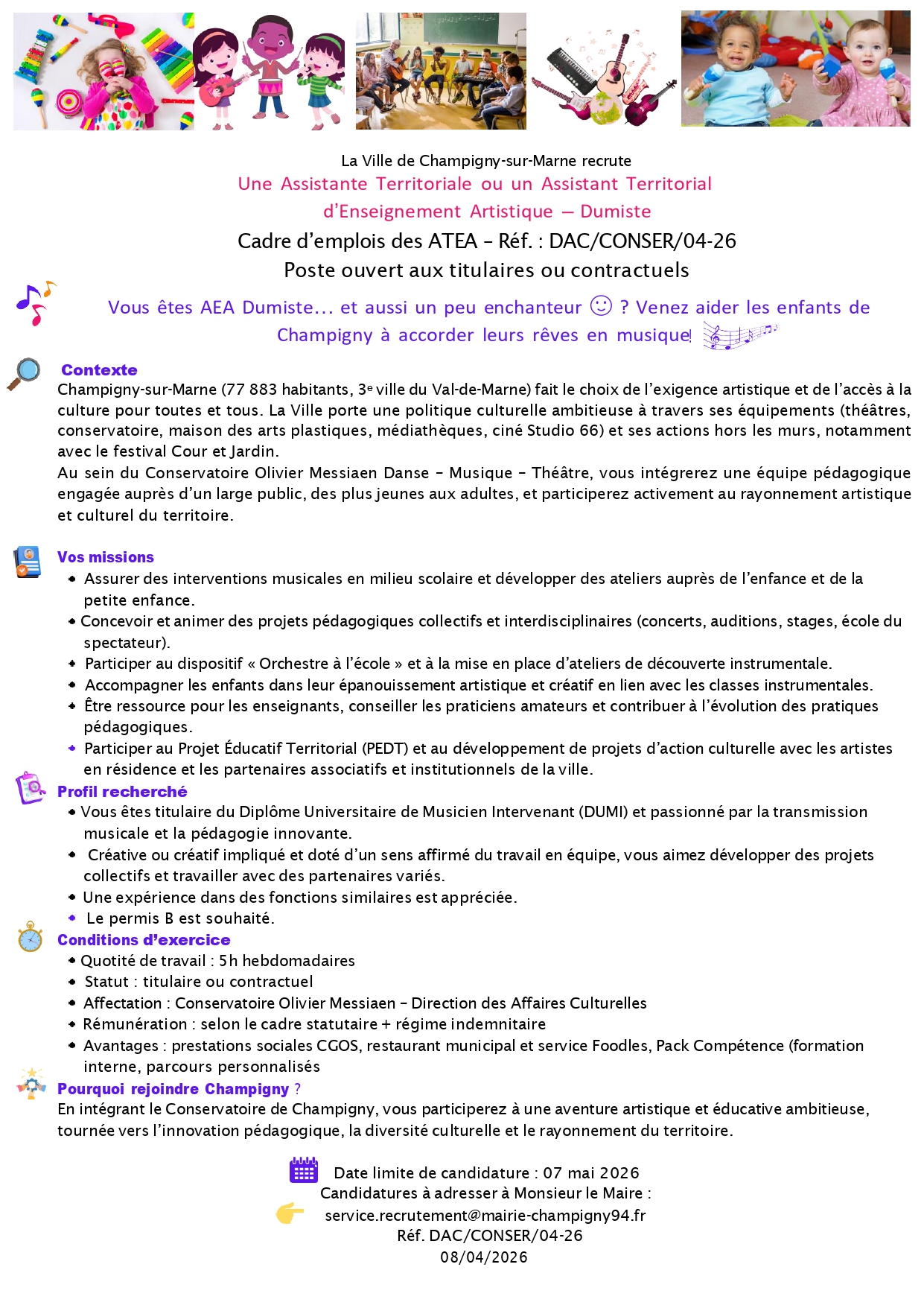 Une Assistante Territoriale ou un Assistant Territorial d’Enseignement Artistique – Dumiste