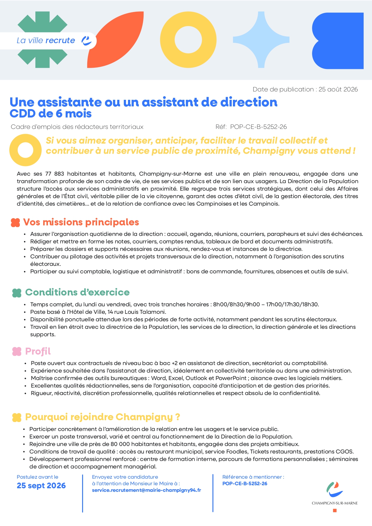 Une assistante ou un assistant de direction CDD de 6 mois